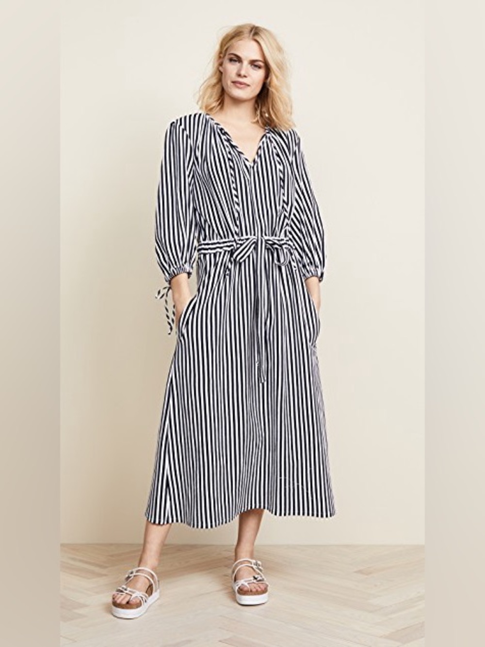 M.D.S STRIPES Navy and White Striped Garden Midi Dress